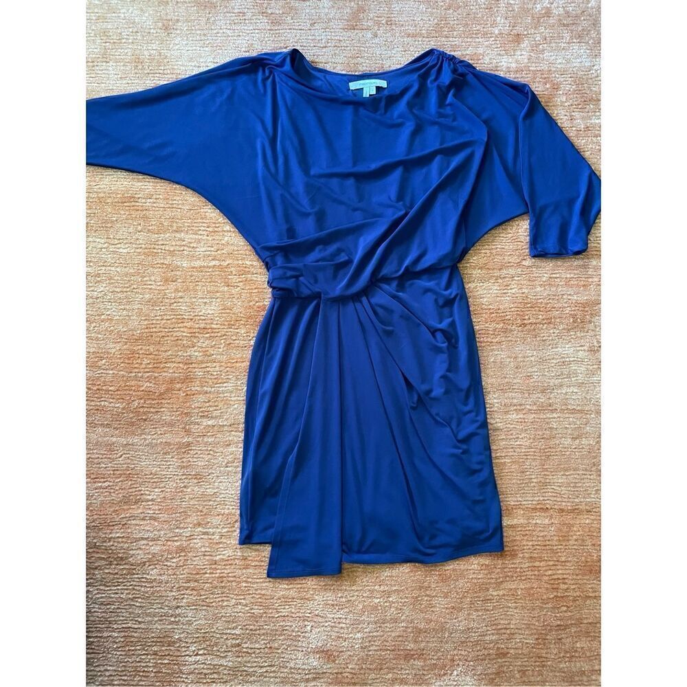 Max and Cleo Elegant Solid Navy Blue 3/4 Sleeve Ruched Faux Wrap Dress S